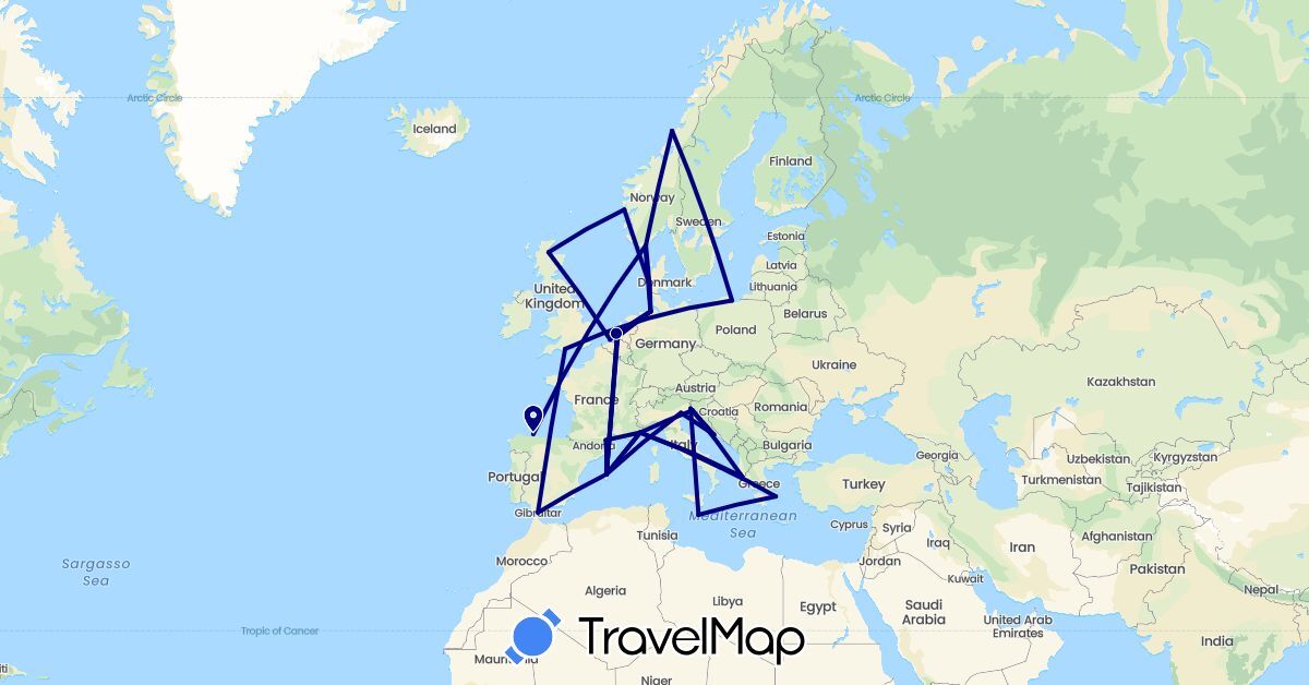 TravelMap itinerary: driving in Germany, Denmark, Spain, France, United Kingdom, Gibraltar, Greece, Croatia, Italy, Malta, Netherlands, Norway, Poland (Europe)